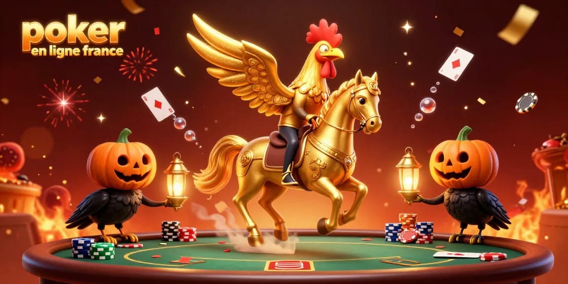 Jouez au poker en ligne France avec une illustration animée et festive montrant des éléments de jeu et des personnages.
