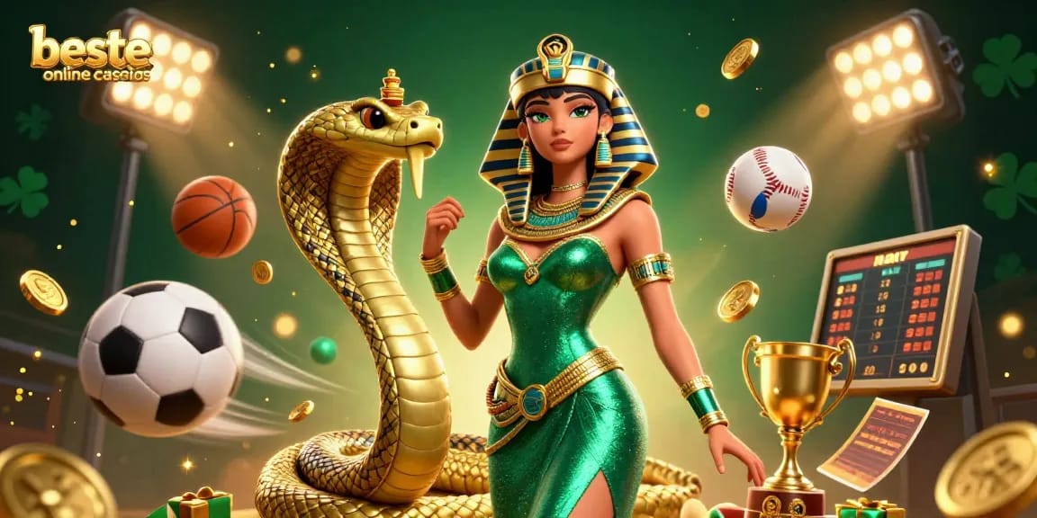 Engage with the beste online casinos featuring vibrant scene of characters in emerald and gold with dynamic gaming symbols.