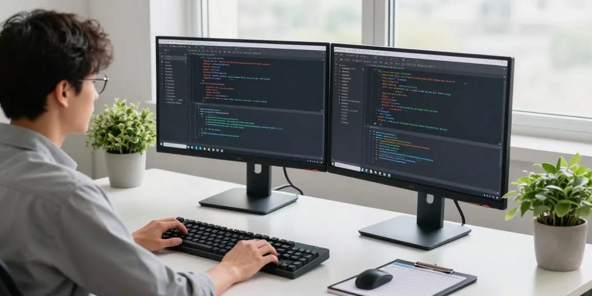Engaged developer coding 纸飞机中文版 software in a modern workspace with dual monitors and vibrant plants.