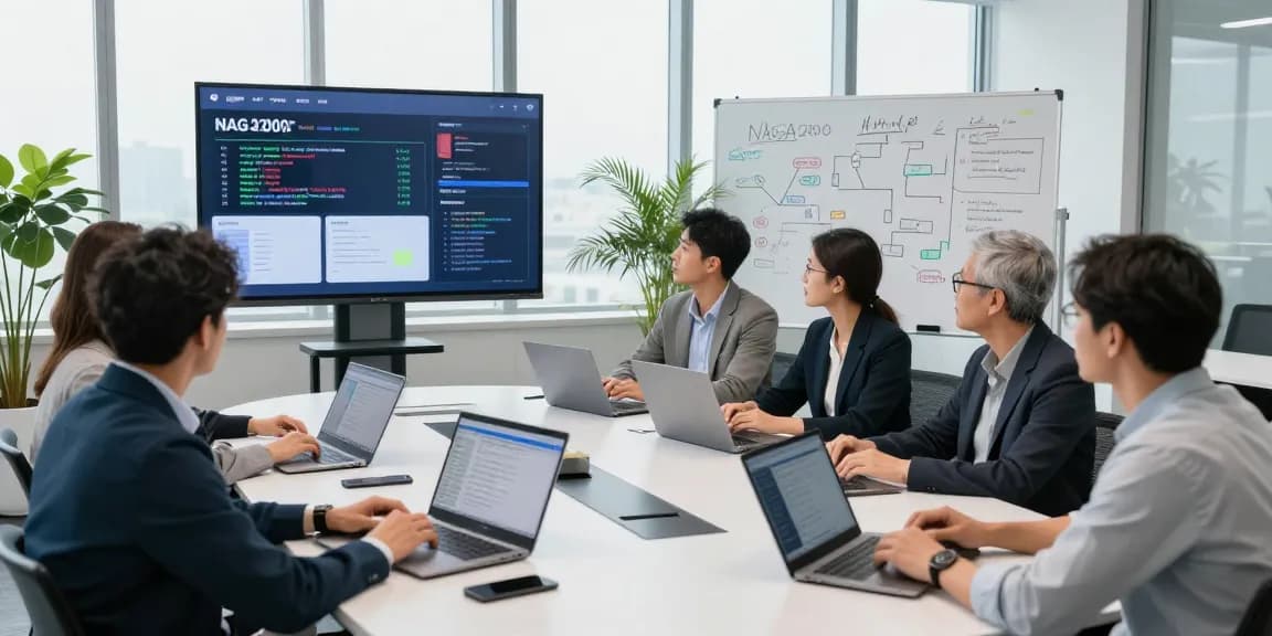 NAGA2000 platform features discussed by diverse professionals in a modern tech office.