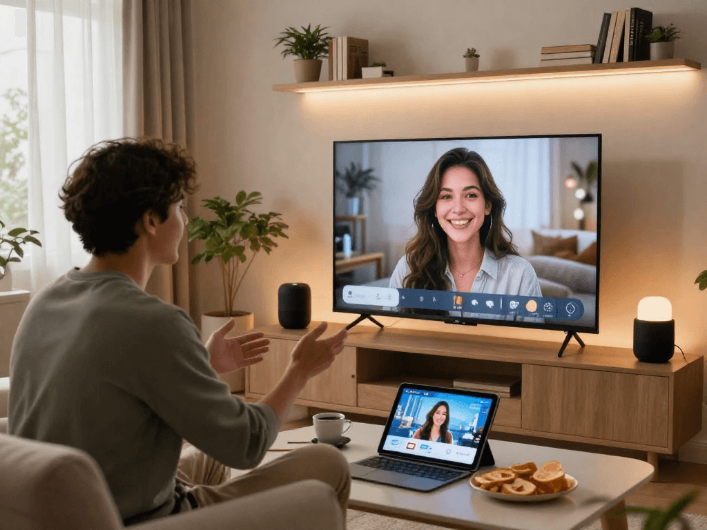 Engaging conversation with an AI girlfriend in a modern living room, highlighting ai gf technology.