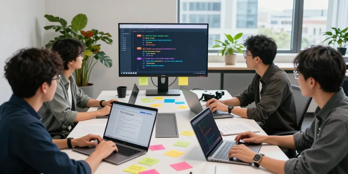 Developers collaborating on Telegram Chinese support app, showcasing code and ideas in a modern tech workspace.