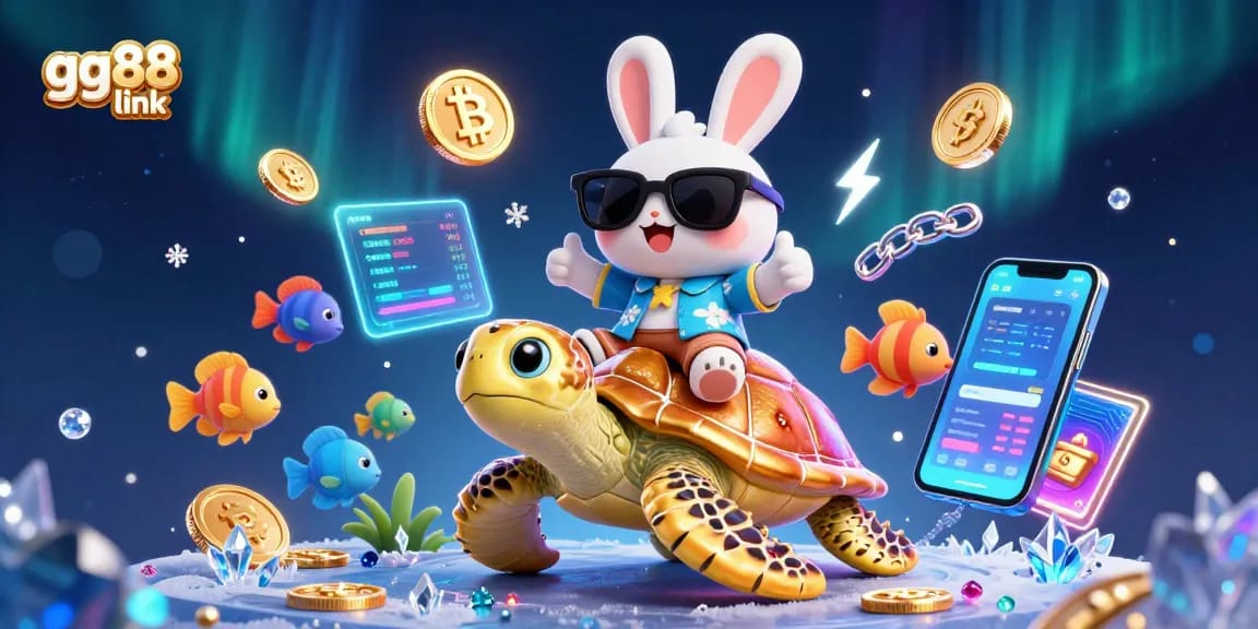 Experience thrills with gg88 link in a vibrant 3D casino scene featuring a lucky rabbit and golden sea turtle.
