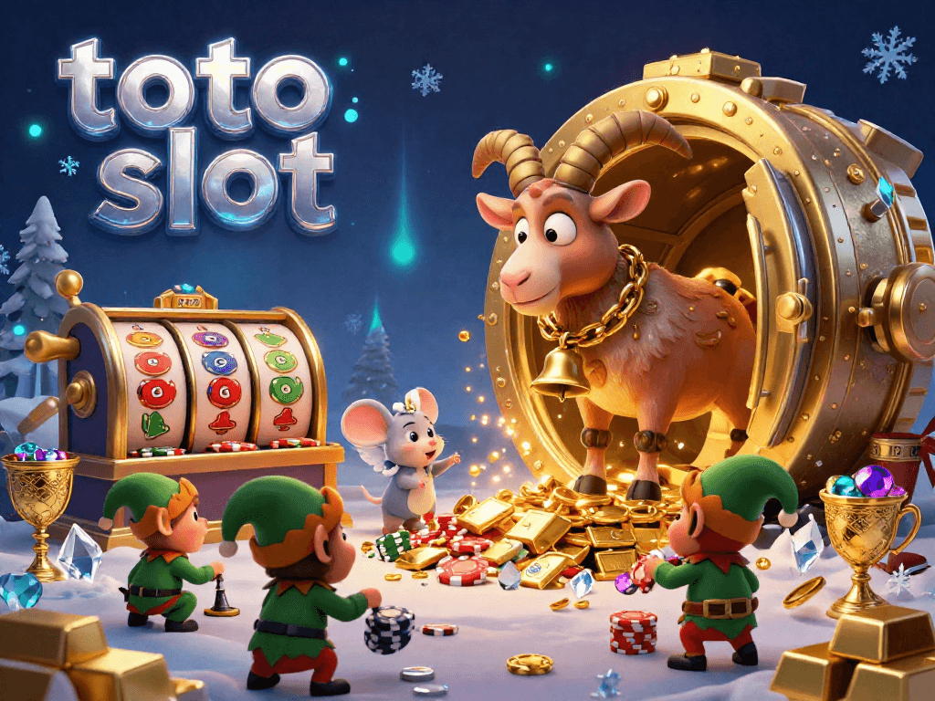 Experience the thrill of toto slot with festive cartoon characters in a dynamic casino scene.