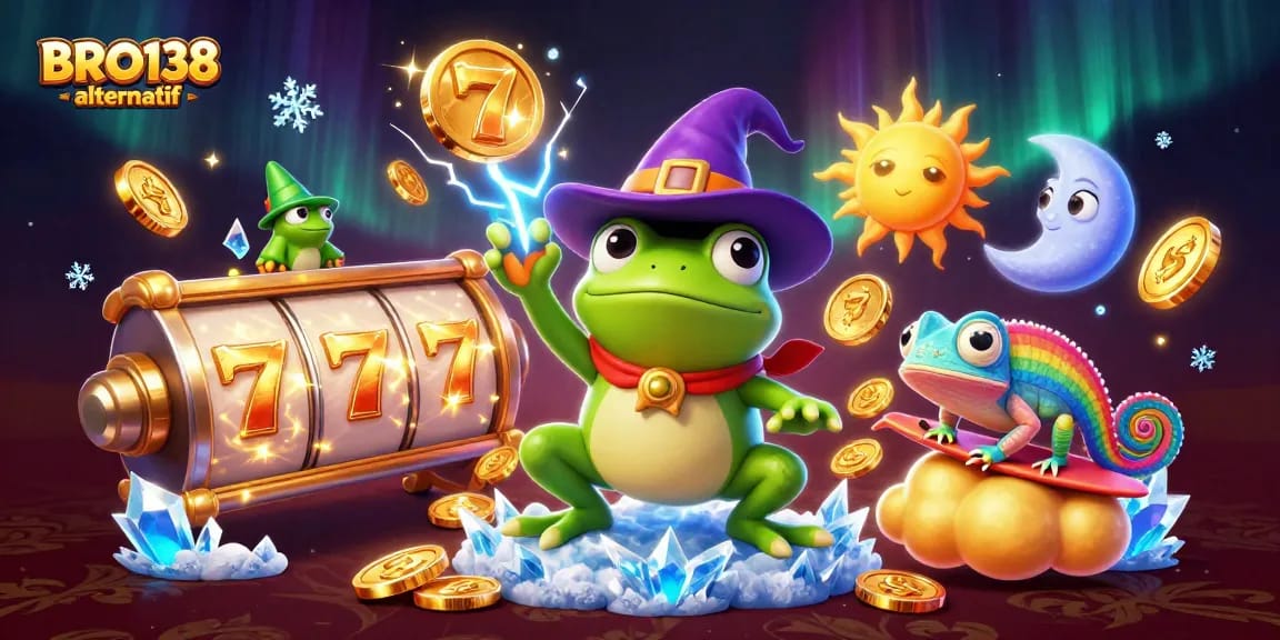 Win with BRO138 alternatif by spinning playful slots amidst golden coins and vibrant characters.