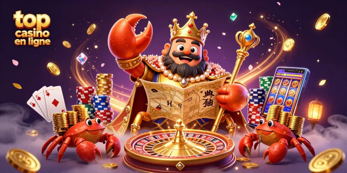 Gagnez avec le meilleur casino en ligne : illustration d'un empereur crabe entouré de richesses et de jeux.