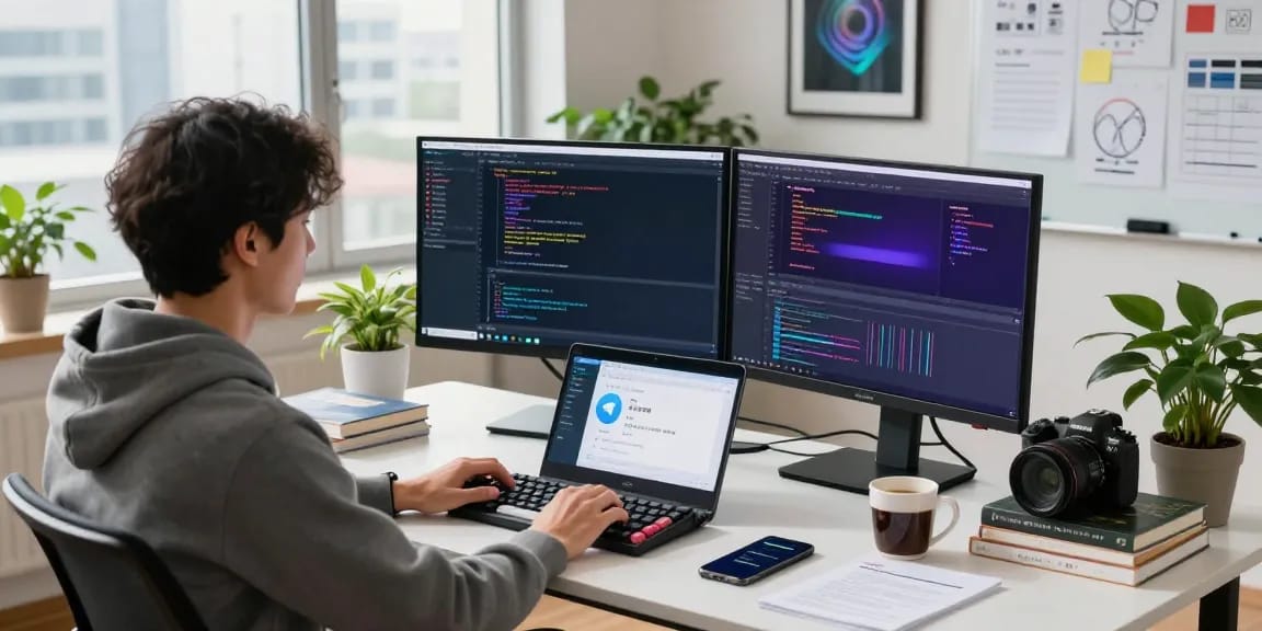 Workspace depicting telegram chinese support with developer coding in an engaging tech environment.