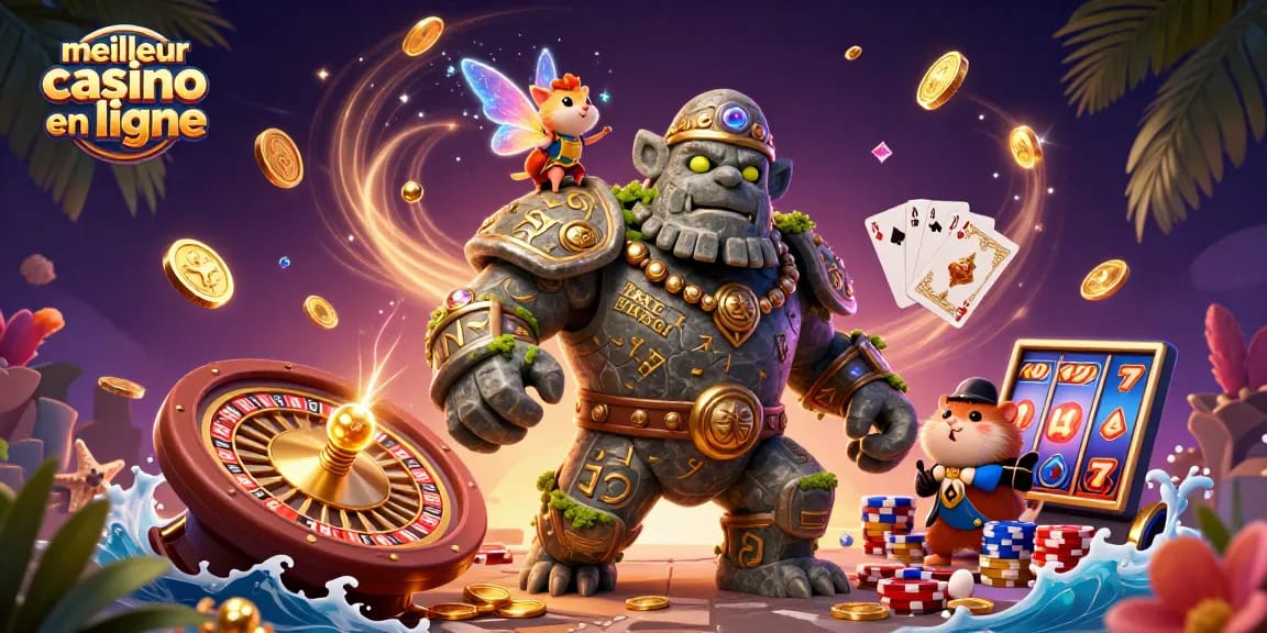 Découvrez l'excitation du meilleur casino en ligne avec des personnages magiques et des éléments de casino riches dans cette illustration vibrante.