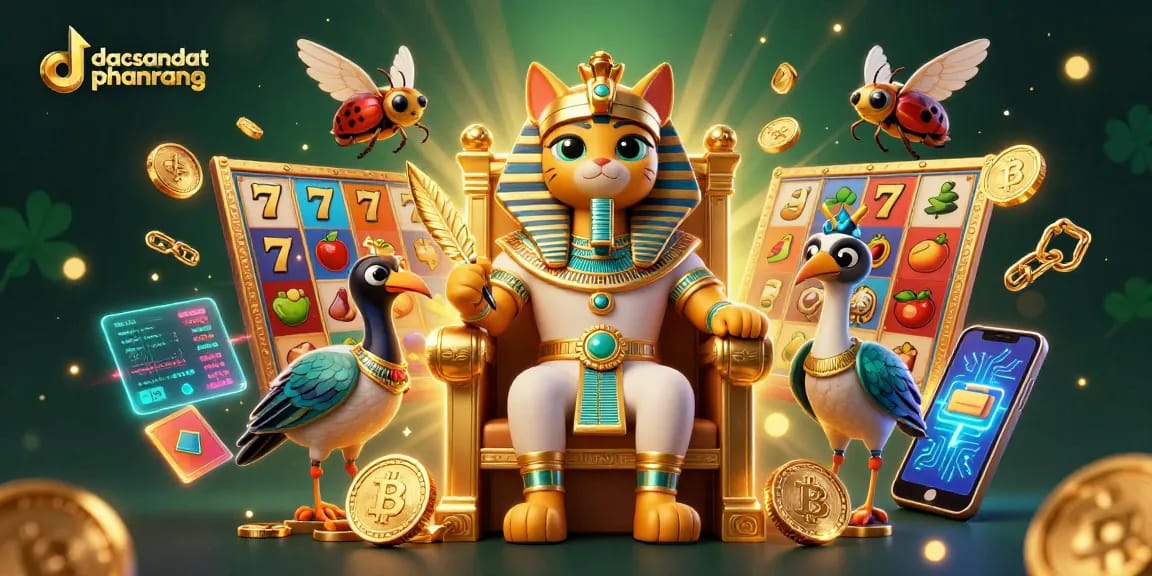 Play exciting slot games with dacsandatphanrang featuring a majestic pharaoh cat and vibrant gaming elements.