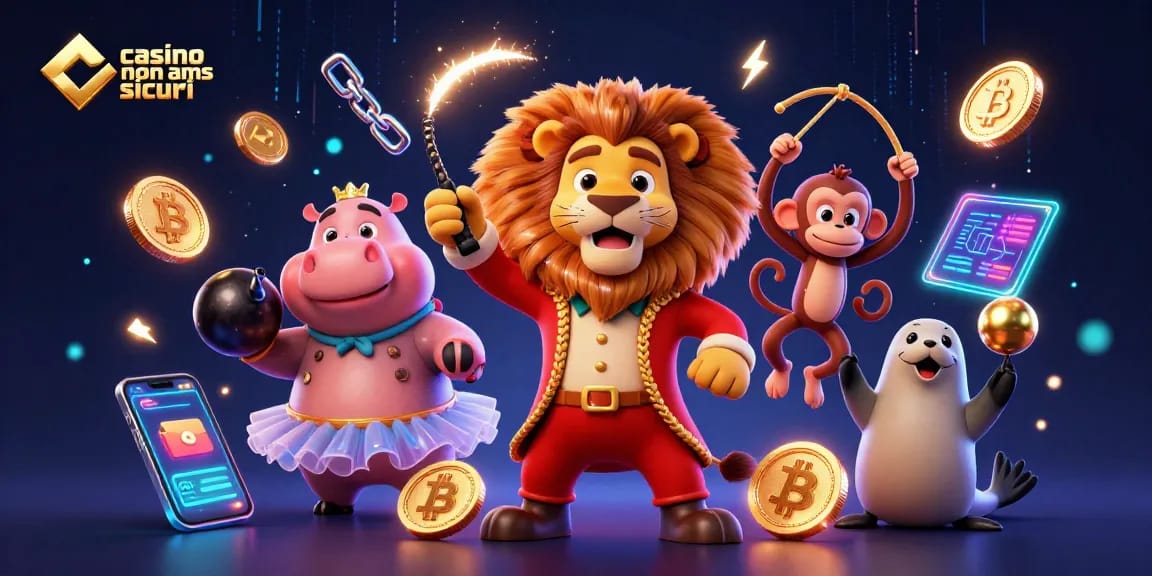 Vivi un'esperienza di gioco emozionante con i casino non AAMS sicuri in un'illustrazione digitale a tema circo vibrante.