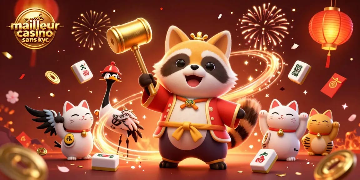 Illustration vibrante de meilleur casino sans KYC avec tanuki et maneki-neko, ambiance festive