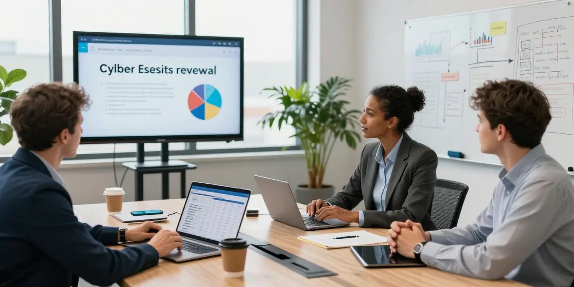 Cyber Essentials renewal discussion among cybersecurity experts in a modern office setting.