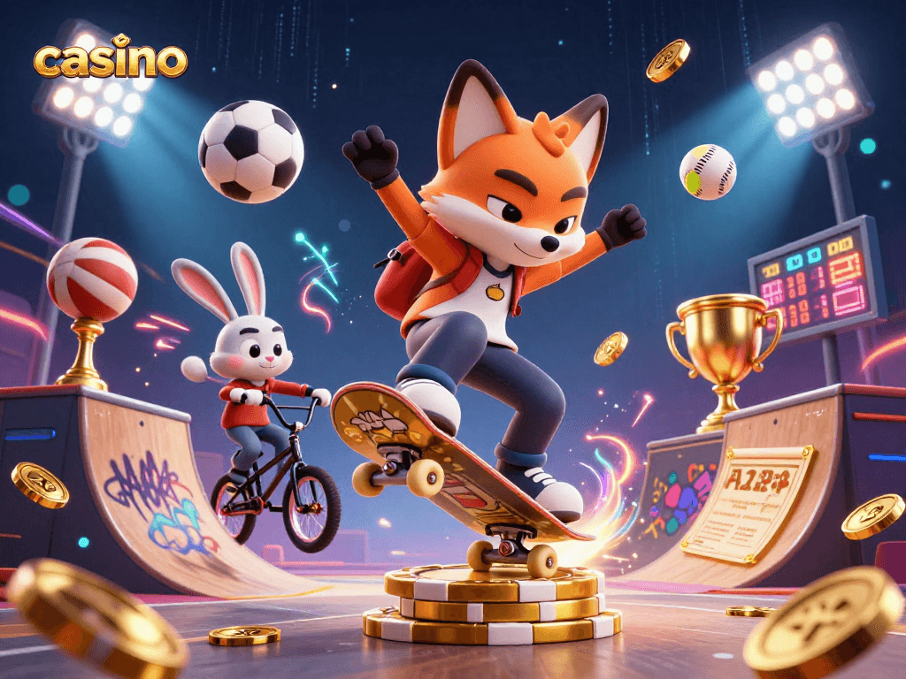 Catch a thrilling casino moment as a skateboarder fox performs a kickflip over golden poker chips.