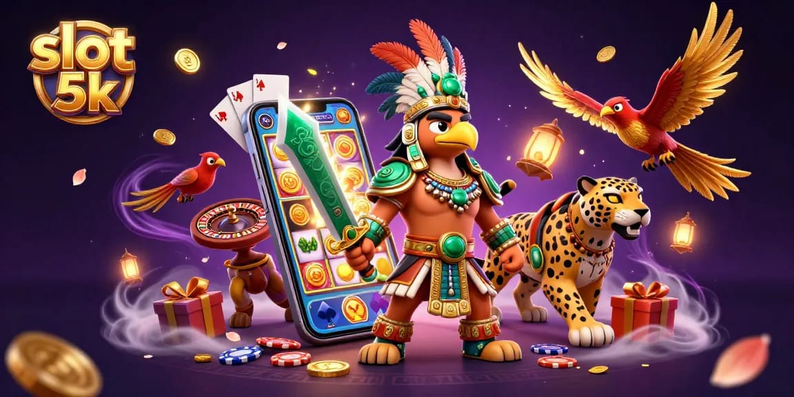 Engaging slot 5k game with lively characters, dynamic gaming elements, and vibrant casino atmosphere.