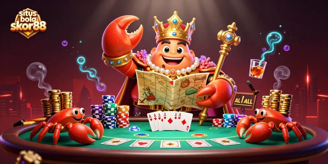 Engage in thrilling betting action at situs bola skor88 with a golden crab emperor and poker elements.