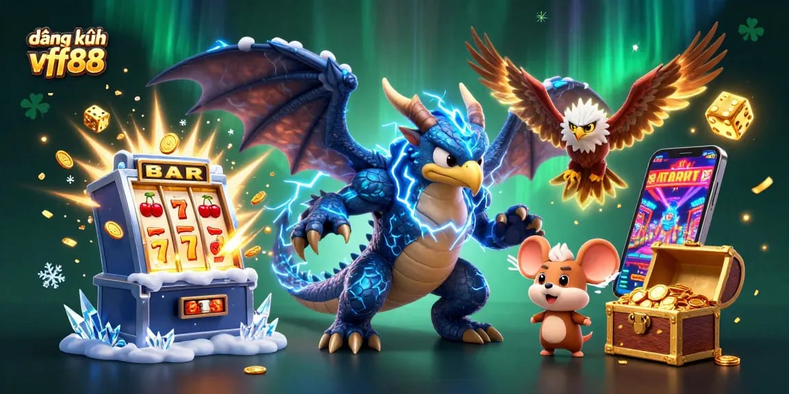 Engage in the excitement of đăng ký vff88 with vibrant 3D casino illustration featuring a thunder dragon and slot machine.