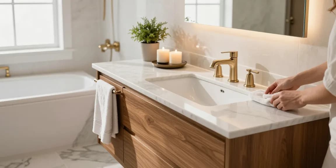 Modern bathroom vanity with stylish decor and natural light