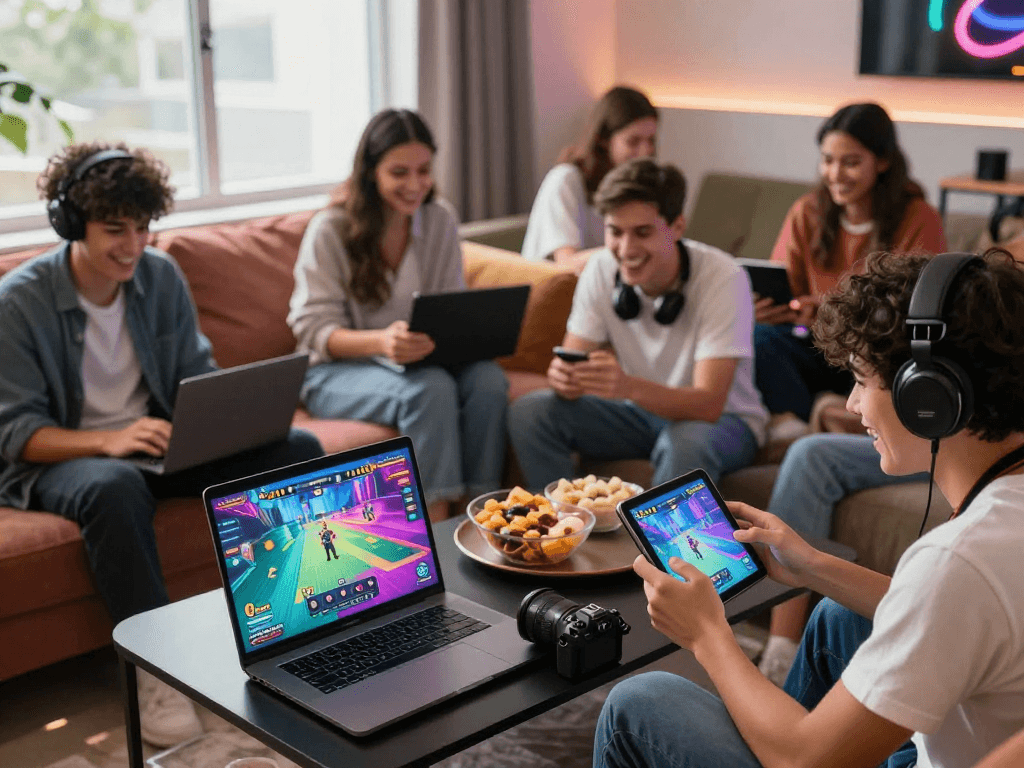Engaging group playing porngames on devices in a vibrant gaming lounge