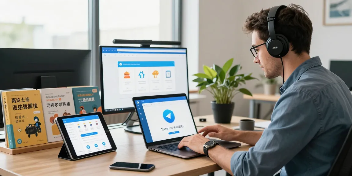 Setting up Telegram Chinese support on a laptop in a vibrant tech workspace