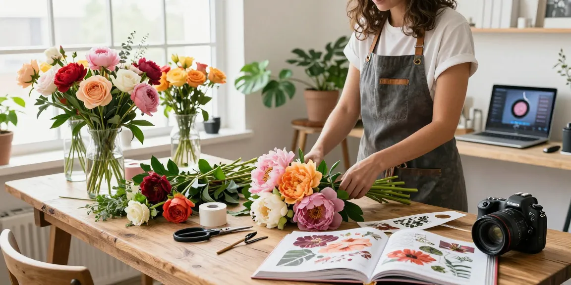 Floral designer creating a seasonal bouquet while exploring MODALWD floral courses in a vibrant workspace