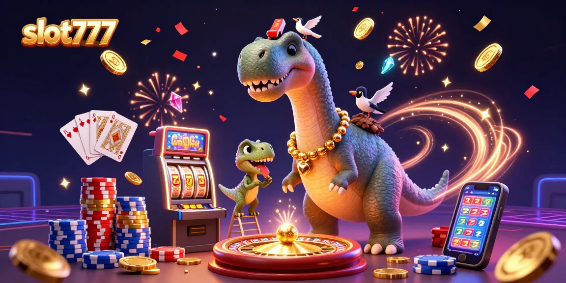 Experience slot777 excitement with a vibrant 3D illustration of a casino scene filled with characters and action.