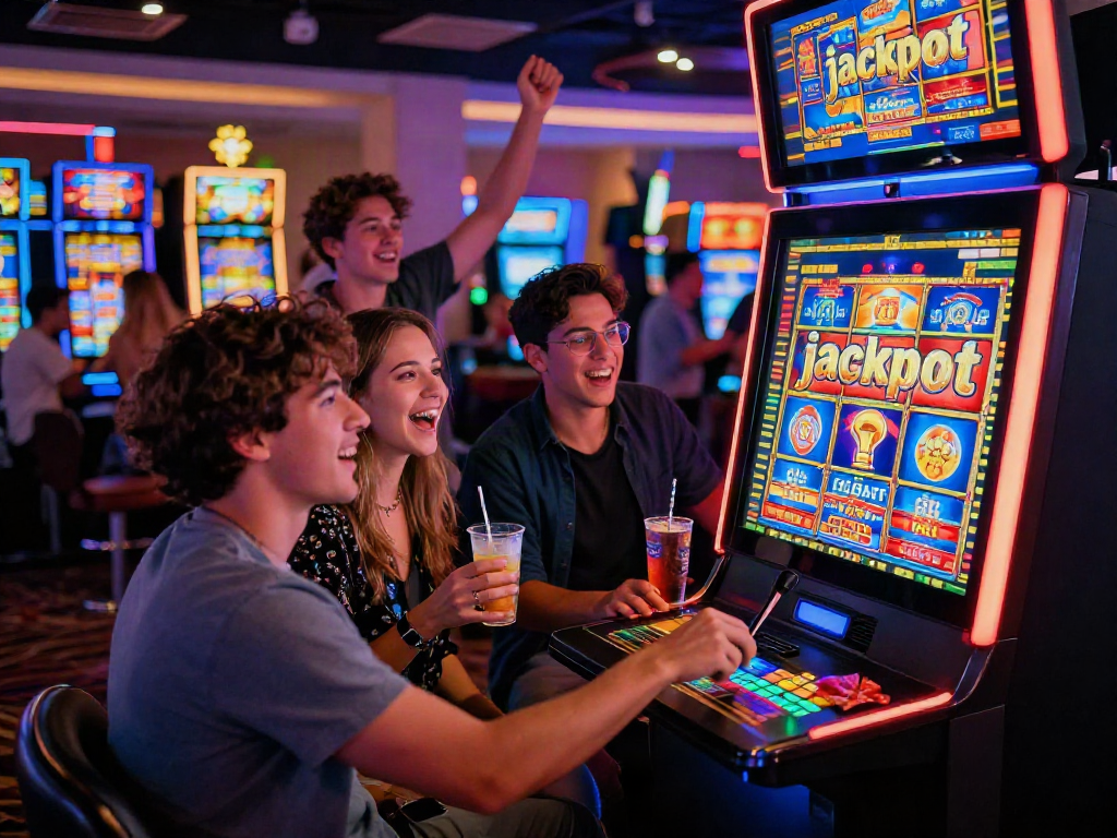 Celebration at a casino with friends winning at slot depo 10k machine, creating an exciting gaming atmosphere.