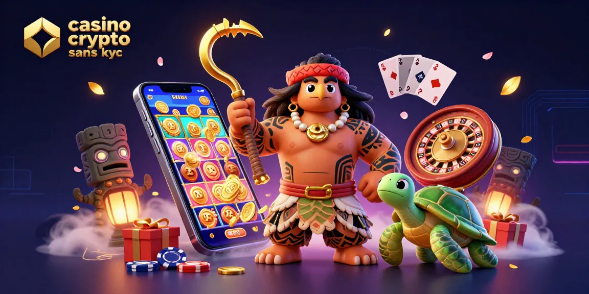 Jouez sur un casino crypto sans KYC avec un demigod et une tortue, entourés de machines à sous et de cartes.
