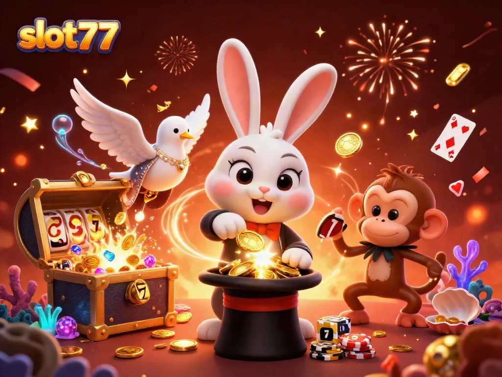 Pertaruhkan slot777 dan menangkan koin emas dari topi ajaib dalam ilustrasi kasino digital.