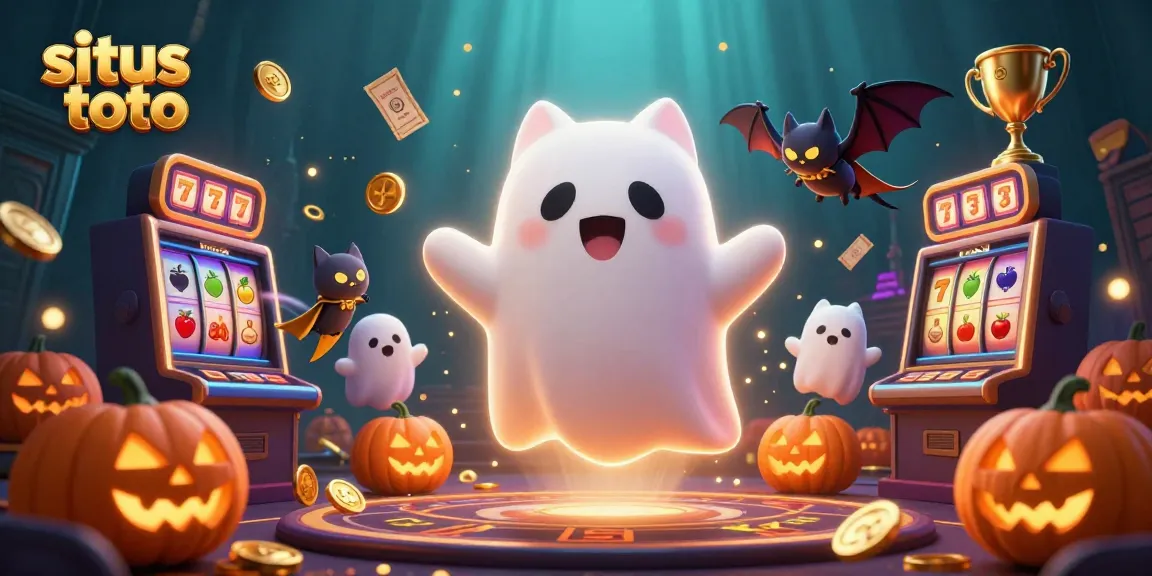 Experience excitement at situs toto with a vivid scene of a ghost cat, bat, and festive jack-o-lanterns in a casino.