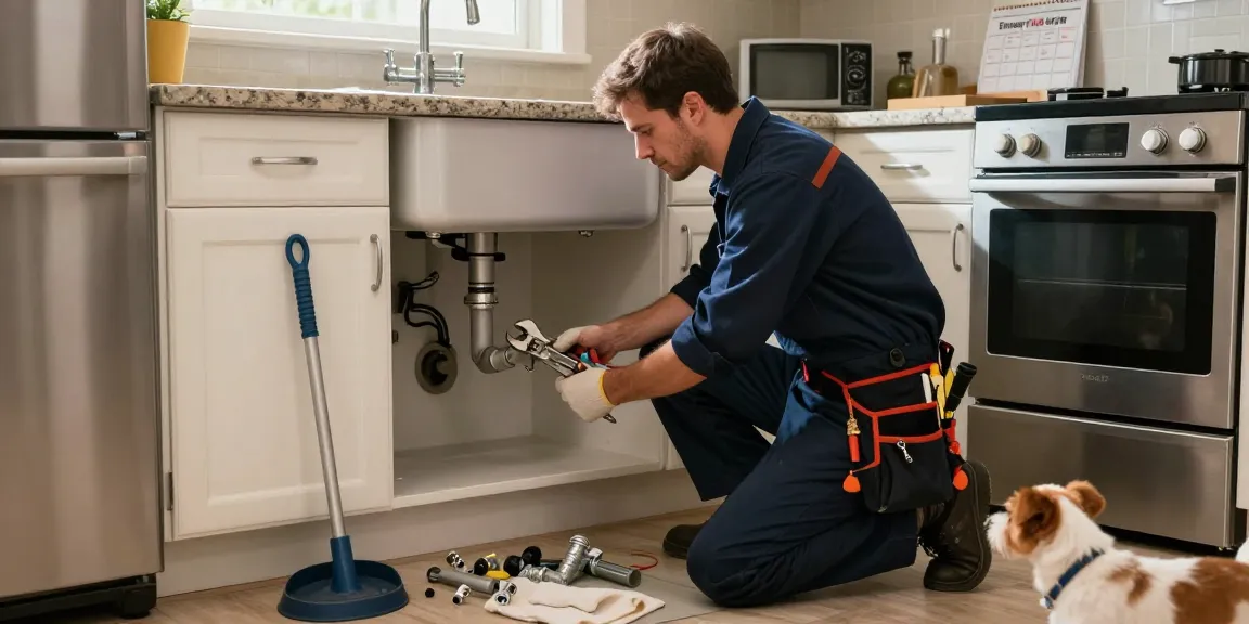 Experienced emergency plumber in Rushden fixing a kitchen pipe leak with tools, ensuring reliable service.