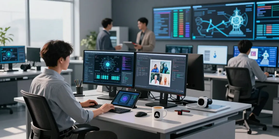 AI image checker analysis in a modern digital lab with advanced technology and collaborative teamwork.