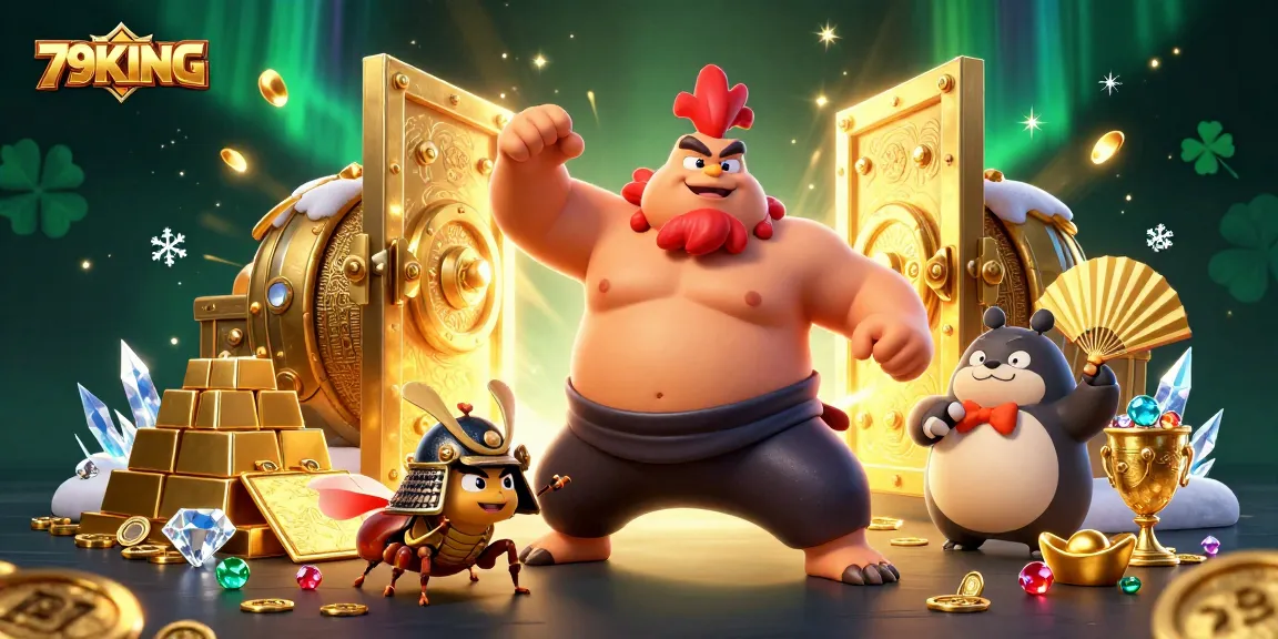 Join the adventure with 79KING at an exciting online casino, featuring vibrant characters and treasures.