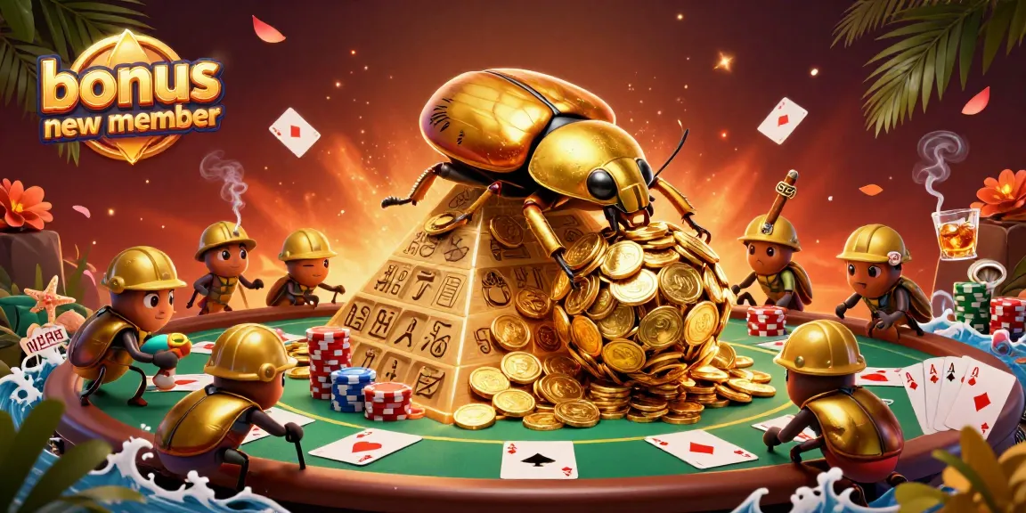 Engage new players with exciting bonuses as golden beetles roll coins in a vibrant casino.
