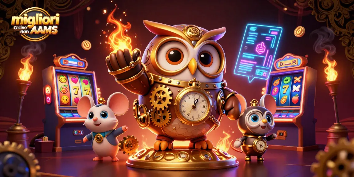 Interagisci con l'emozionante atmosfera dei migliori casino non AAMS, caratterizzata da un gufo viaggiatore nel tempo e slot machine vivaci.