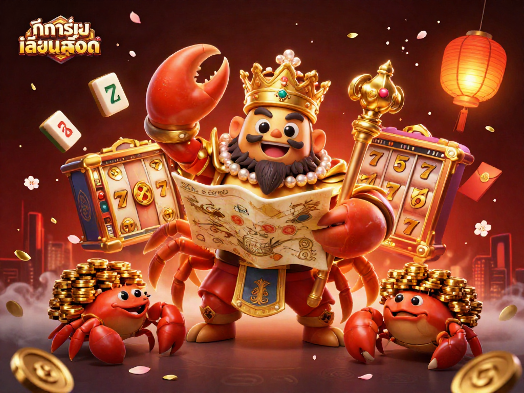 Experience exciting slot action with ทดลองเล่นสล็อต featuring a golden crab emperor and treasure in a vibrant casino scene.