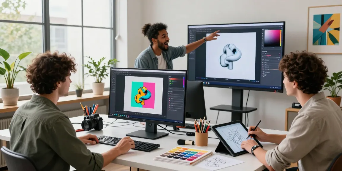 Artists collaborating on digital projects using nano banana 2 AI image editor in a vibrant digital art studio.