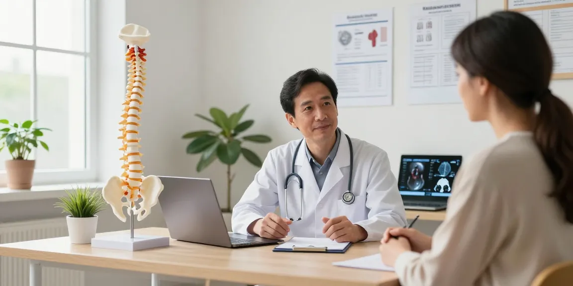 Dar kanal ameliyatı consultation in a modern medical office with spine models and charts.