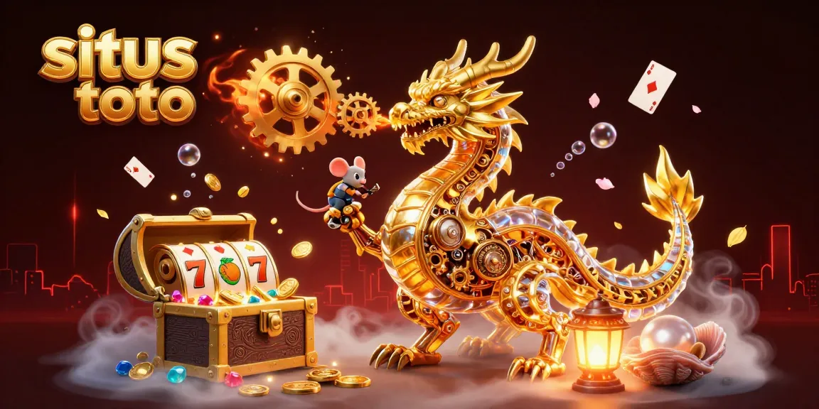 Situs toto showcases a captivating 3D dragon illustration with casino elements like slot reels and treasure.