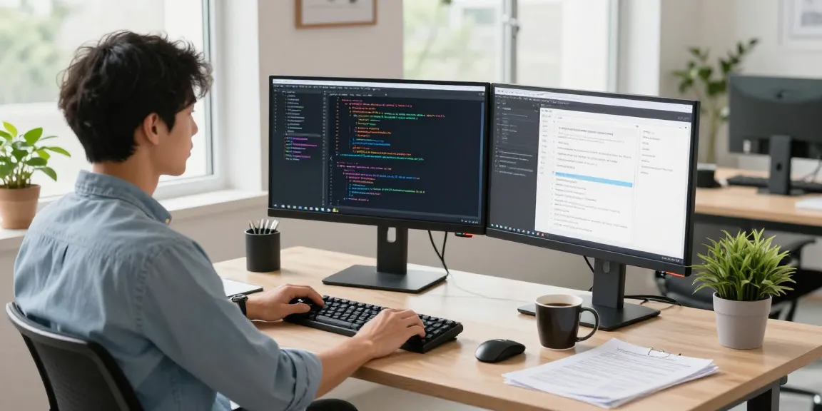 Developer using 截图工具 in a modern tech workspace, showcasing code on dual monitors.