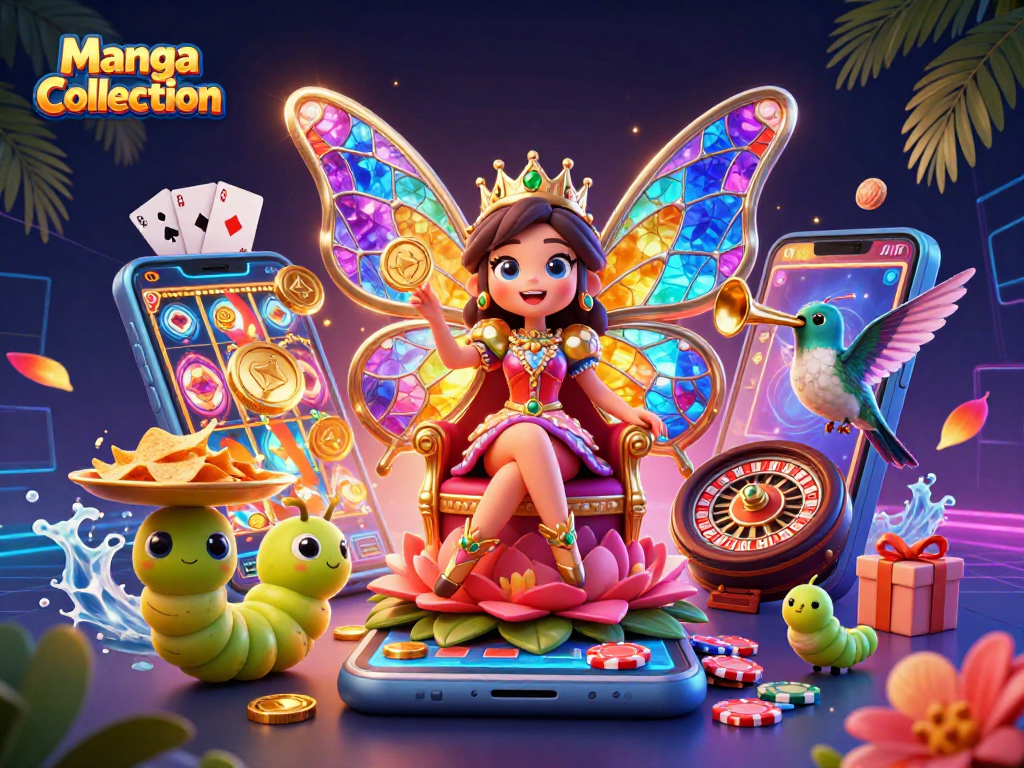 Manga Collection showcases a vibrant casino scene with a butterfly queen surrounded by gambling elements.
