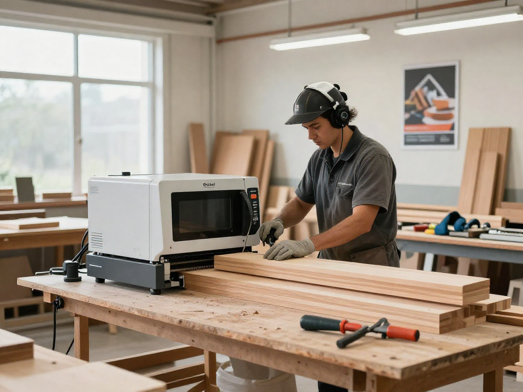 Shashel microwave equipment in a bright wood processing workshop eliminating pests quickly and effectively.