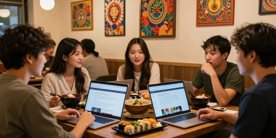 Engaging cultural discussion at a cafe showcasing https://hanadultalk.com and Asian cuisine.