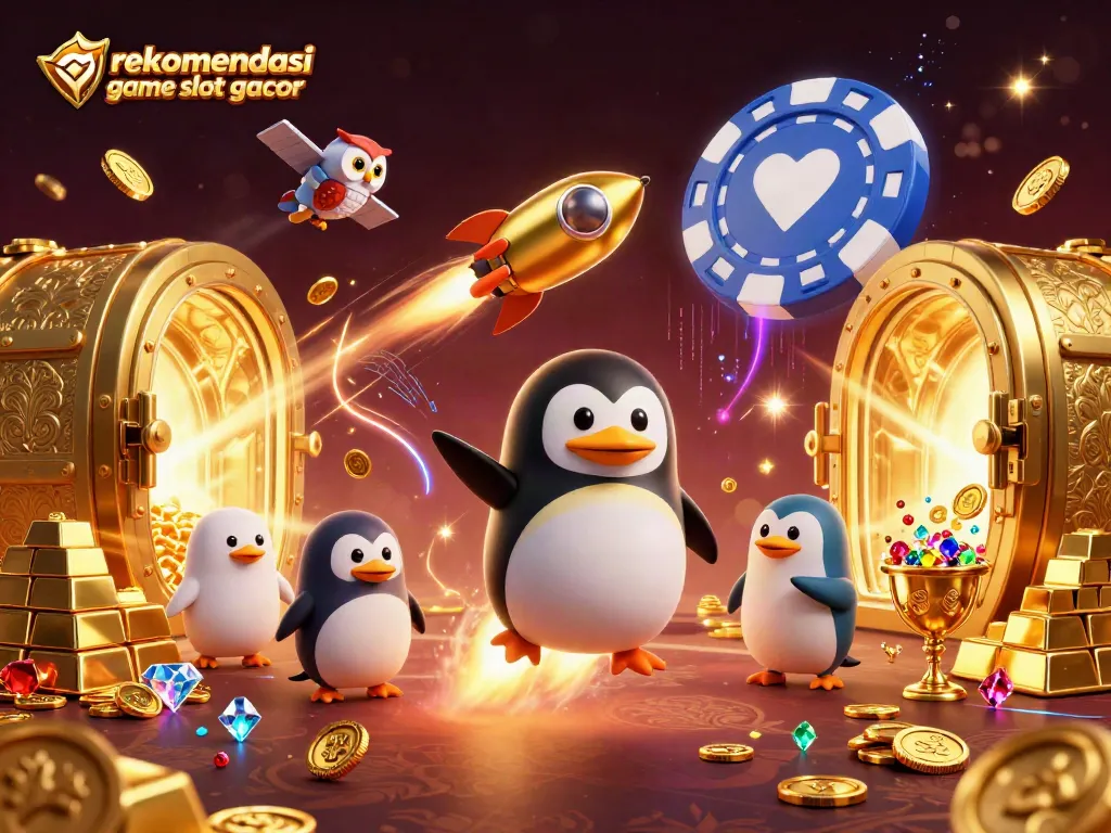Rekomendasi game slot gacor menampilkan penguin emas roket dalam petualangan kasino yang memukau.