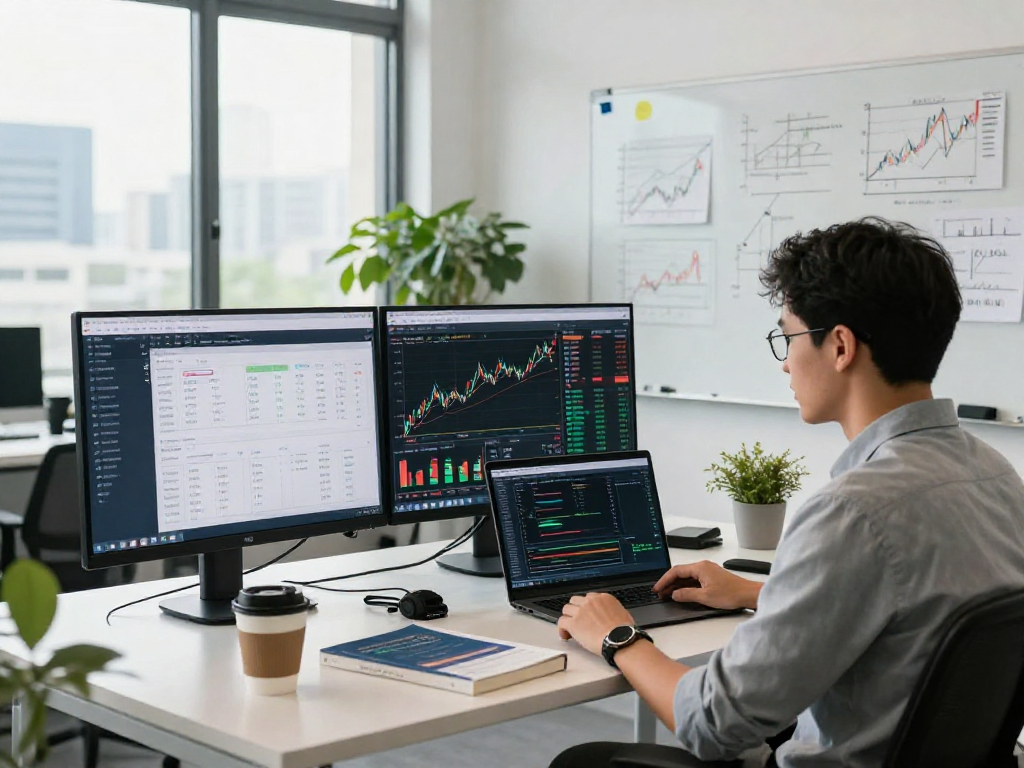 Japan stock backtesting API in a modern fintech office showcasing developers analyzing stock data and code.