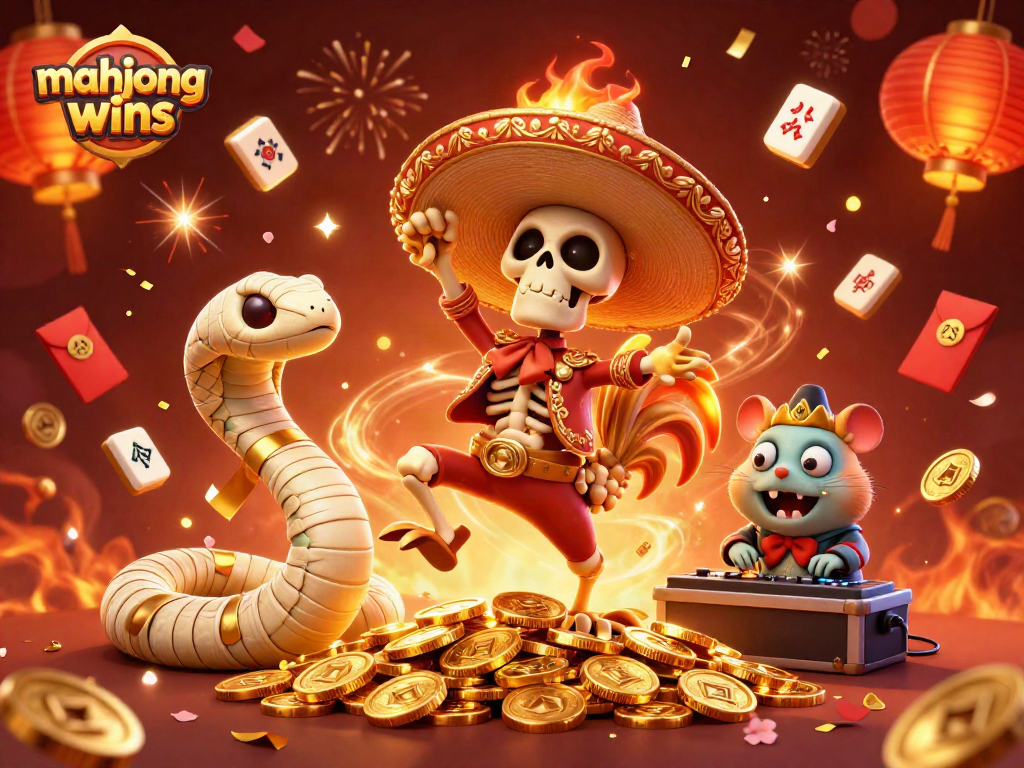 Experience mahjong wins with this vibrant illustration featuring 3D characters celebrating among festive elements.