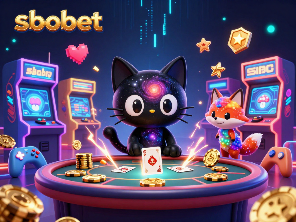 Experience sbobet's cosmic casino with a black hole cat and nebula fox in a vibrant 3D showdown.