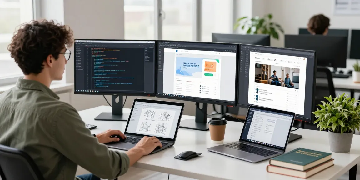 Professional work setup showcasing telegraimin.com software development with monitors, design tablet, and natural light.