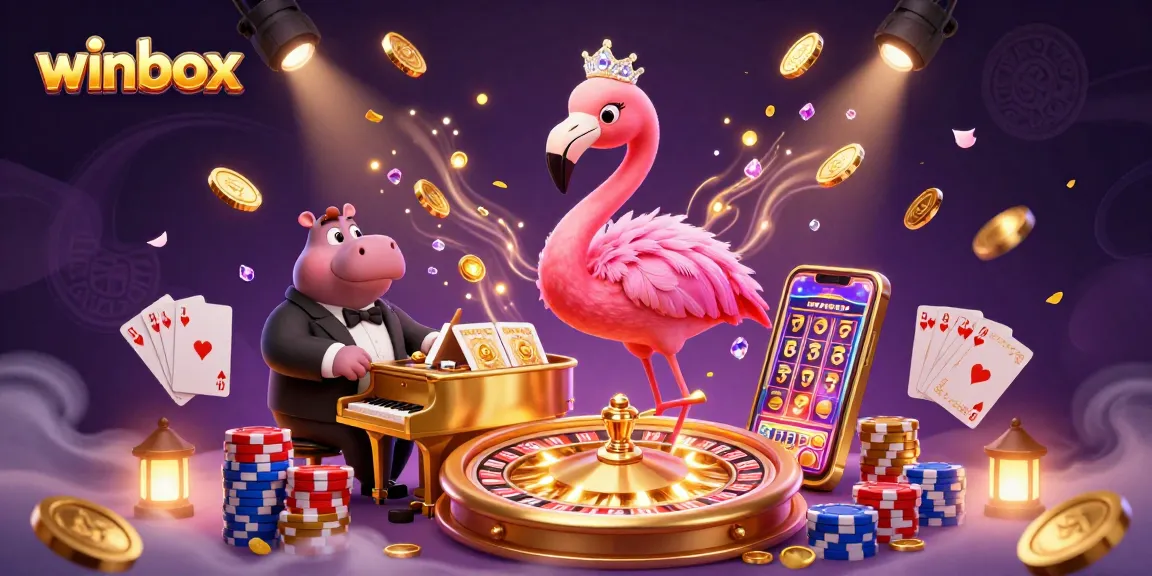 Winbox showcases a vibrant casino scene with a flamingo singer and hippo bassist among dynamic game elements.