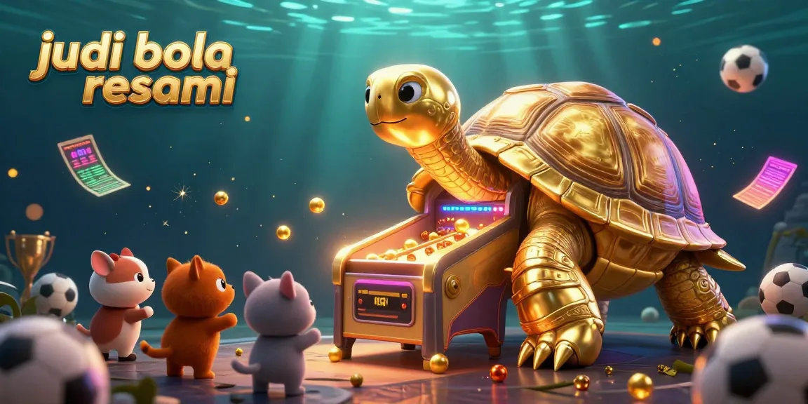 Engage in lively judi bola resmi action with a golden tortoise pinball machine, colorful trophy, and betting slips.