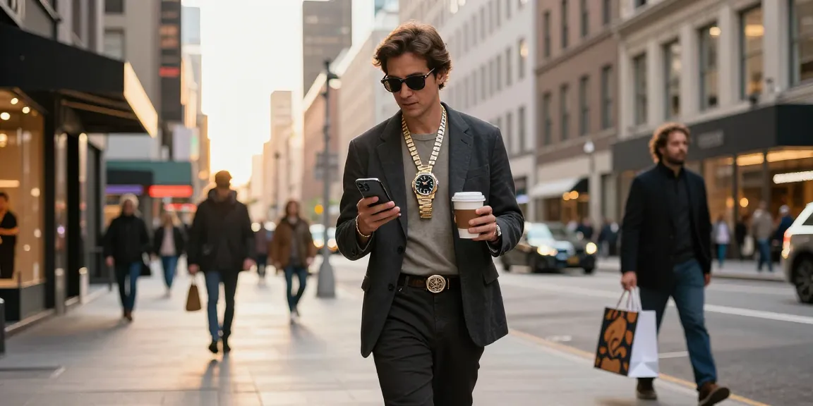 Stylish individual showcasing rolex super clone watches in an urban setting with vibrant city backdrop.
